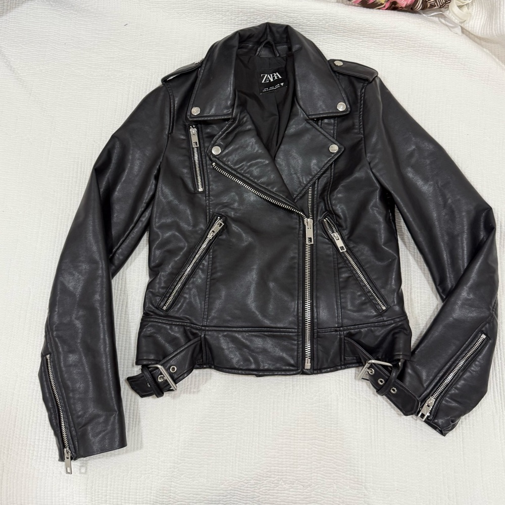 Zara Black Faux Leather Moto Jacket with Silver Hardware